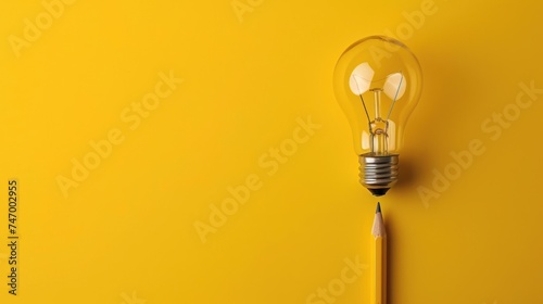 a yellow light bulb with a pencil sticking out of it on a yellow background with a shadow of a pencil. photo