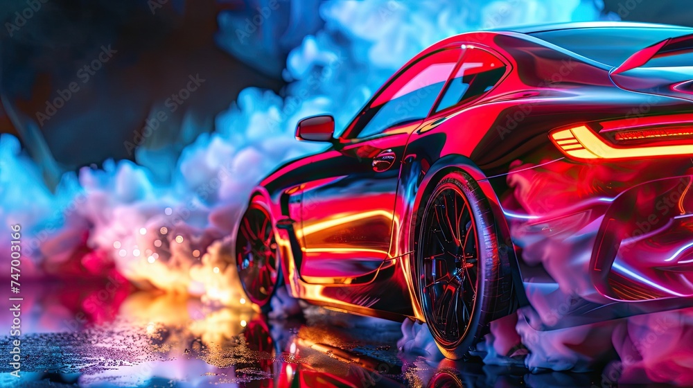Captivating image of a powerful red sports car amidst colorful high-speed pursuit rendered in artistic style with dramatic lighting - obrazy, fototapety, plakaty 