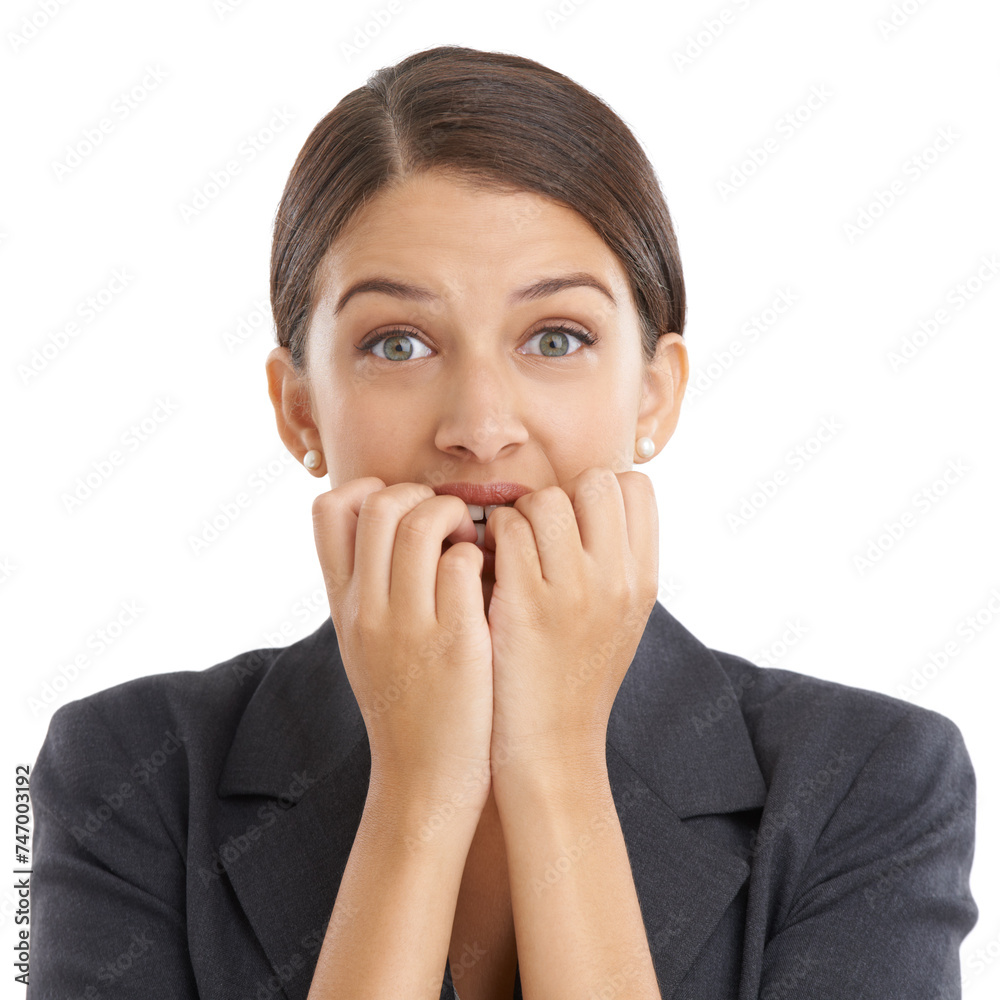 Bite, nails and portrait of business woman for stress on white background for mistake, crisis or problem. Professional, corporate and face of isolated person with worry, anxiety and nervous in studio