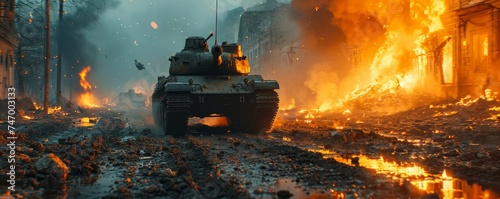 armored tank crosses a mine field during war invasion epic scene of fire and some in destroyed city as banner with copyspace area. Generative AI