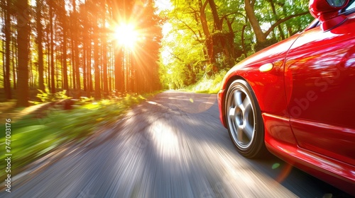 A dynamic image capturing the essence of speed and freedom with a red sports car speeding on a forested road as sunlight filters through the trees