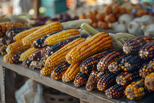 Mix of peruvian native variety of heirloom corns from local market in Cusco, Peru that use for making Chicha morada which is the staple food for Inca and Maya people around Central and South America photo