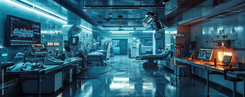 futuristic medical operation or emergency admission ER room with patient surgical diagnosis medical biometric info graphs and hospital services and equipment as wide banner, Generative AI