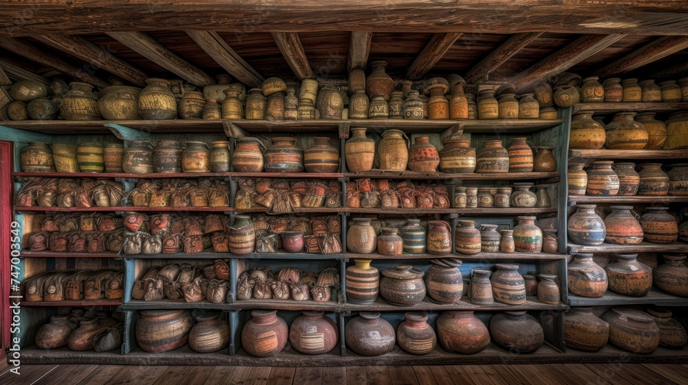 a room filled with lots of different types of pots and pans on a shelf next to a red door.