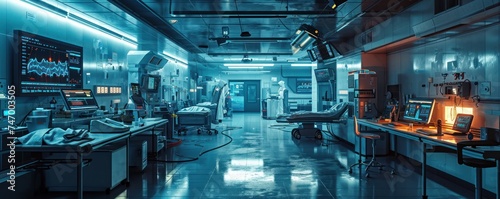 futuristic medical operation or emergency admission ER room with patient surgical diagnosis medical biometric info graphs and hospital services and equipment as wide banner, Generative AI