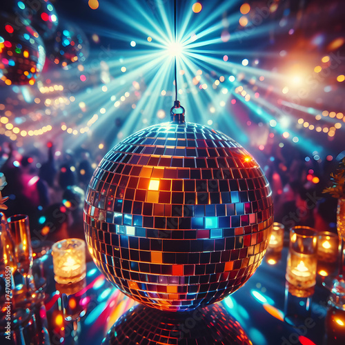 shiny disco ball. disco, ball, party, mirror, dance, club, music, light, disco ball, sphere, discoball, night, nightclub, decoration, reflection, bright, christmas, celebration,Ai generated 