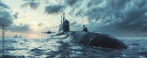 Generic military nuclear submarine floating in the middle of the ocean with a fighter jet in the background, wide poster design with copy space area. Generative AI photo