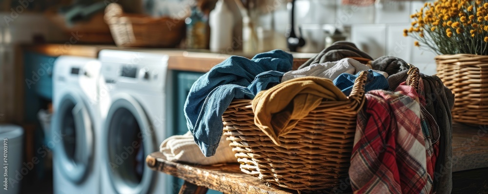 laundry clothes pile in a wicker basket at bathroom or utility counter next to washing machine for washing service and housework schedule as wide banner design. Generative AI - obrazy, fototapety, plakaty 