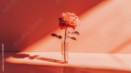 a single rose in a glass vase with a long shadow on the wall in a room with a pink wall. photo