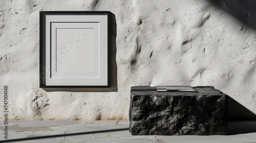 a black and white box sitting in front of a white wall with a picture frame hanging on it's side. photo