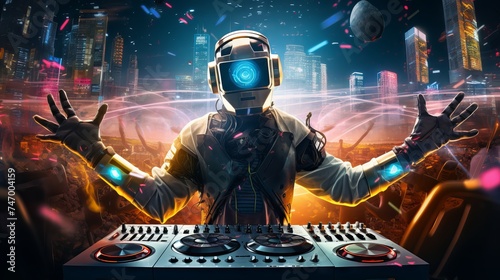 Futuristic party scene with a colorful AI dj robot and music speakers © Ameer