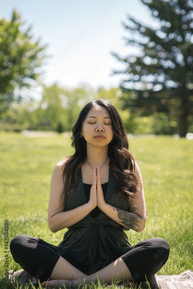 Asian woman practicing meditation in a park Asian woman practicing meditation in a park