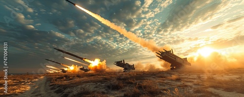 panoramic view of a generic military battalion defense system shooting missiles during a special operation, wide poster design with copy space area, Generative AI