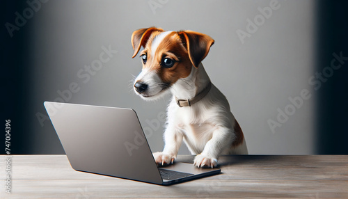 a small Jack Russell Terrier dog attentively looking at an open laptop on a table