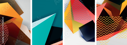 Trendy low poly 3d triangle shapes and other geometric elements background designs for wallpaper, business card, cover, poster, banner, brochure, header, website