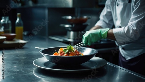 The head chef prepares Gourmet dishes in a high-end restaurant modern kitchen