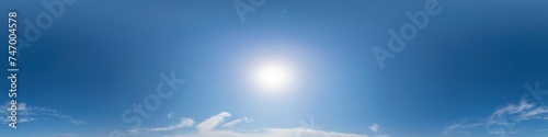 Blue summer sky panorama with light Cumulus clouds. Hdr seamless spherical 360 panorama. Sky dome or zenith for 3D visualization and sky replacement for aerial drone 360 panoramas.