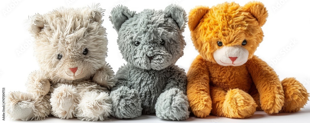 cutout set of 3 stuffed animal toys isolated on white background. Generative AI