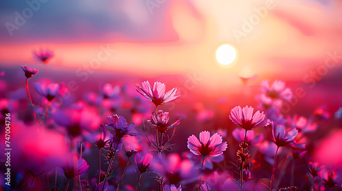 beautiful colorful meadow of wild flowers floral background, landscape with purple pink flowers with sunset and blurred background. Soft pastel Magical nature copy space