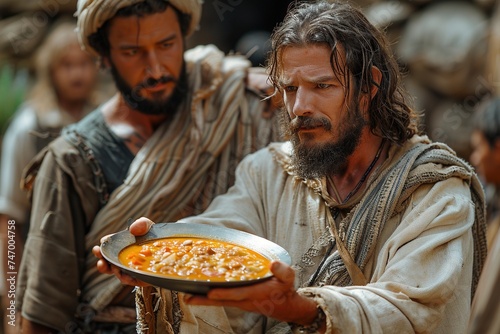 Jacob gives a plate of soup to Esau, Bible story. Sale of firstborn. photo