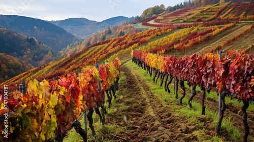 Fallen leaves covering a vineyard on a hillside in autumn