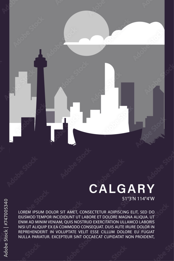 Calgary city minimalistic poster with skyline, cityscape retro vector illustration. Canada, Alberta province abstract travel front cover, brochure, flyer, leaflet, flier, template, layout