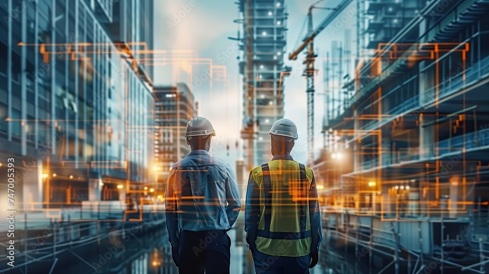 Engineers in Protective Vest and Helmet Overlooking Construction Site at Sunset Amidst Urban Development