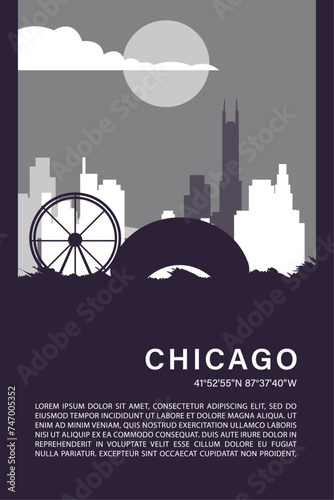USA Chicago city minimalistic poster with skyline, cityscape retro vector illustration. US Illinois state abstract travel front cover, brochure, flyer, leaflet, flier, template, layout	