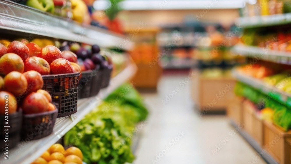 Supermarket store shelves with fruits and vegetables with blurred background Supermarket store shelves with fruits and vegetables with blurred background