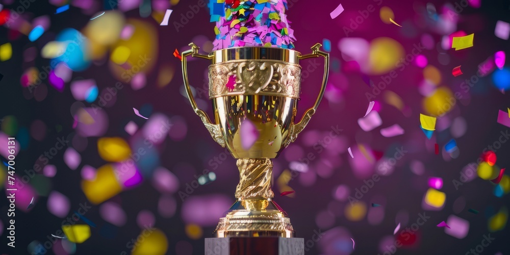 Golden championship cup and confetti around it with copy space on a purple background. AI generative