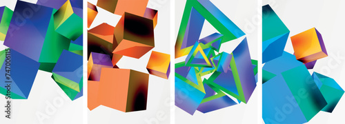 Flying 3d shapes, cubes and other geometric elements background design for wallpaper, business card, cover, poster, banner, brochure, header, website