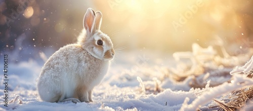 Delicate White Rabbit Sitting Calmly in the Snow, Winter Wonderland Scene of Tranquility and Stillness © TheWaterMeloonProjec