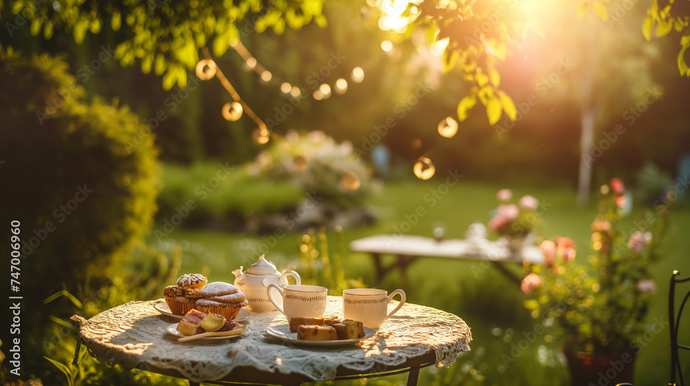 A afternoon tea in the garden, with a table set with teacups and cakes.