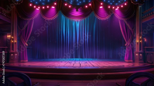 a zoom background of a stage Free stage with lights, lighting devices, Shining spotlights and empty scene. Neon stage curtains, downstage and main valance of theatre photo