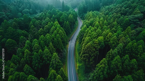 top view picture of countryside road pass through natural green forest viewpoint.