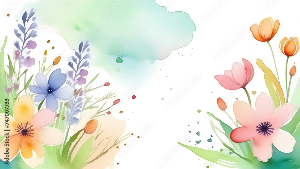 Postcard with flowers with free space. Watercolor spring flowers Postcard with flowers with free space. Watercolor spring flowers