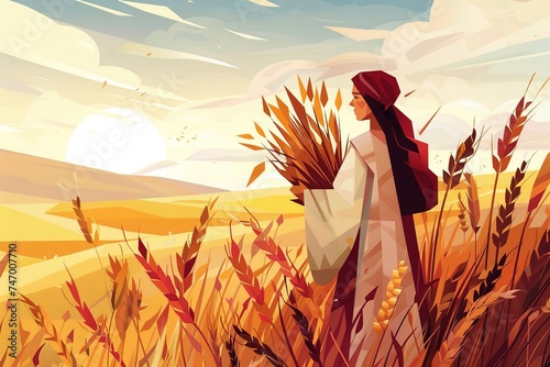 Ruth is picking ears of corn in the field, vector illustration, Bible story. photo