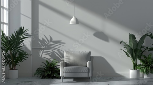 armchair in stoner style living room,a lamp hangs from the ceiling, white wall, next to armchair is wall shelf, very close-up to armchair sectionthat you can see material texture, empty wall,