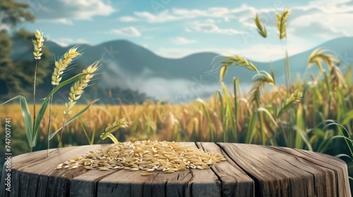 australia oats farm landscape, wood podium infront, a bunch of raw wheats on the wooden table, illustration style of chong fei giap, wooden podium for product presentation with blurry cornfield  photo