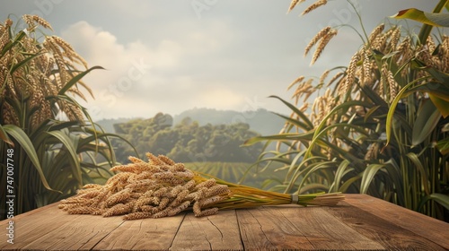 australia oats farm landscape, wood podium infront, a bunch of raw wheats on the wooden table, illustration style of chong fei giap, photo
