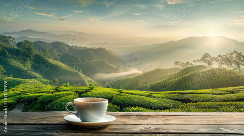 Cup of tea on the table with the view of a tea plantation