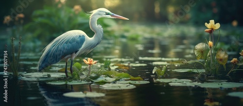 An elegant wild bird stands in the water surrounded by lily pads in a serene pond. The birds presence reflects grace and tranquility amidst the natural surroundings. photo