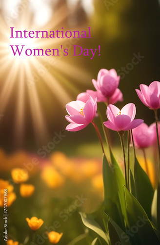 Caption: "Happy Women's Day!" and spring flowers. Spring background