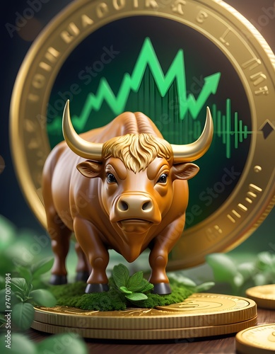 A golden bull stands on a large cryptocurrency coin against a backdrop of a green growth chart, symbolizing financial success. This represents the optimistic sentiment and upward momentum in the photo