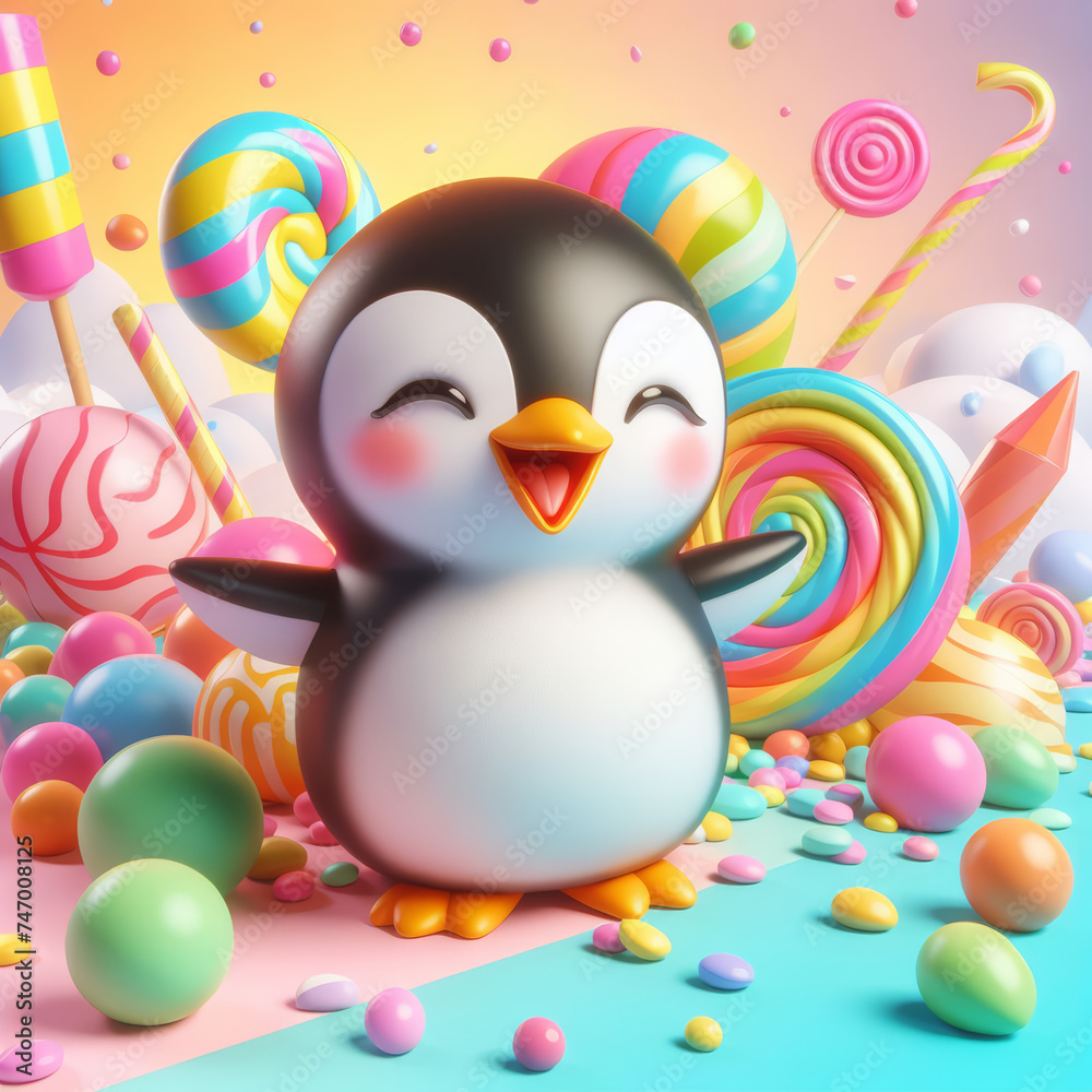 Naklejka premium Happy cartoon penguin with a bright rainbow colored background, generative ai