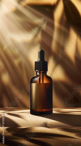 One cosmetic dark amber glass bottle with white lable on wooden table.minimalism brand packaging mock up