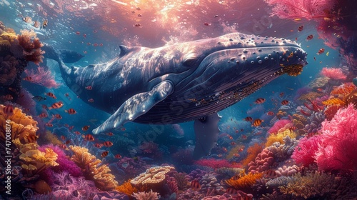 A whale swims among colorful marine corals in the sea or ocean