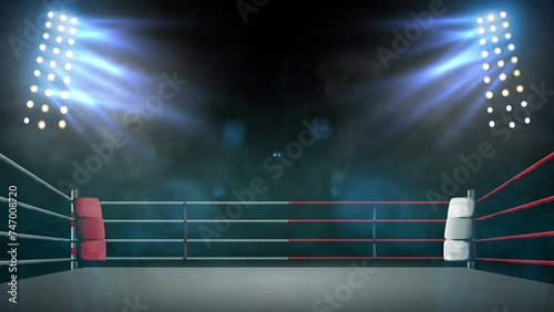 Boxing ring ready for fight. Animation of sport arena and shining spotlights. Indoor sport 4k video background. photo