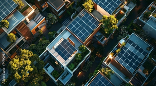 Aerial view of houses adorned with solar panels on the roof, depicting green, clean, and renewable energy solutions