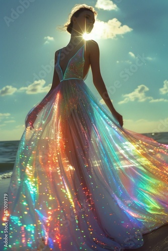 A mesmerizing image of a woman in a glittering dress captures the magical moment of sunset on the beach